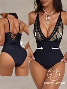 Shapewave Women's Black Elegant Lace V-Neck One-Piece Swimsuit,Tummy Control Bathing Suits For Summer Holiday Beach Party,Boho Vacation Shape Wear Cruise - Black - View 1