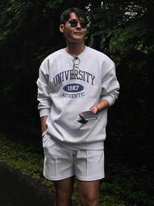 DAZY Men's Grey Thick Letter Print Pullover Pullover Sweatshirt Set, Spring/Autumn - Grey - View 5