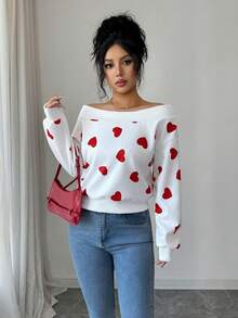 SHEIN Elenzya 优雅浪漫通勤情人节白色底红色爱心露肩卫衣 - 紅白色 - 查看 4
