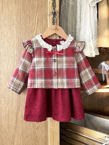 Vintaside Kids 2件套女婴秋季新款灯芯绒无袖露背开领深绿色连衣裙和绿色格子长袖荷叶领开襟外套，优雅复古通勤可爱华丽连衣裙套装 - 酒紅色 - 查看 5