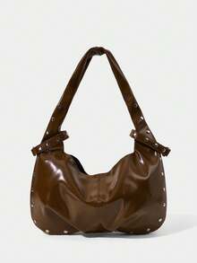 女士纯色简约大容量单肩包，休闲日常使用 - 咖啡 - 查看 2