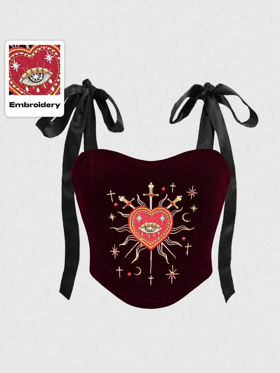 ROMWE Spring/Summervalentine's DaygraphicGothic Palace Style Women's Heart Embroidery, Rhinestone, Crystal Teardrop, Star Decor Black Halter Crop Top - Burgundy - View 1