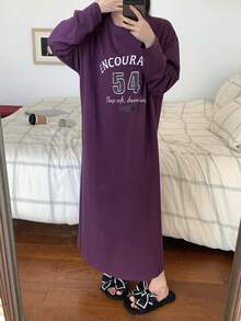 DAZY 英文数字印花宽松长袖睡裙，女士睡衣连衣裙 - 紫色 - 查看 5