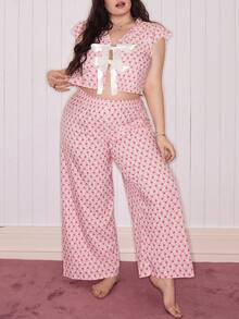 SweetSlumber 加大码爱心印花蝴蝶结衬衫和裤子睡衣套装 - 彩色 - 查看 4