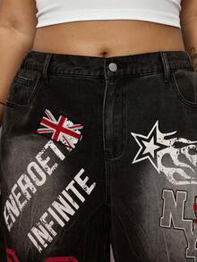 ROMWE Grunge Punk Quần short lửng denim dáng rộng, cỡ lớn, phong cách đường phố retro, kiểu dáng mô tô, phù hợp cho học sinh, in số và chữ cái tiếng Anh, cờ Anh. - màu đen - Xem 3