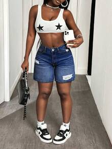 SHEIN SXY 大码女式破洞牛仔紧身时尚性感短裤 - 深色水洗藍 - 查看 7