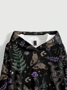 ROMWE Áo nỉ nữ cỡ lớn in họa tiết hoa, bướm, phong cách Gothic, mặt trời, mặt trăng, ngôi sao, nấm bí ẩn. - màu đen - Xem 3