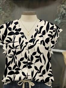 Mellowie VCAY 大码女士休闲印花衬衫，适合夏季穿着，女士夏季上衣，印花衬衫，短袖衬衫，纽扣衬衫，V领衬衫，教师款女士时尚衬衫 - 彩色 - 查看 3