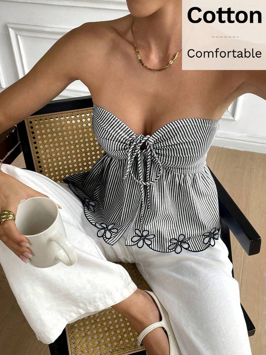 Serisse 女士时尚条纹系带抹胸上衣，夏季 - 黑與白 - 查看 1