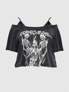 ROMWE Goth Plus Size Punk Skull Printed Distressed Short Sleeve Layered T-Shirt, School, For Summer - Black - View 5