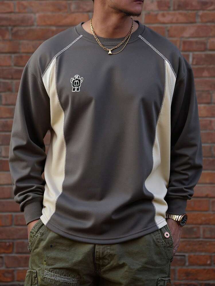 Men's Colorblock Embroidered Graphic Round Neck T-Shirt, Spring/Autumn