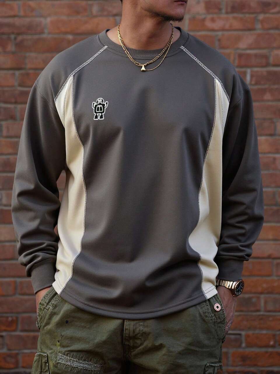 Men's Colorblock Embroidered Graphic Round Neck T-Shirt, Spring/Autumn