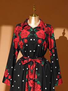 DreamSkyne 大码女士优雅玫瑰印花修身长裙，别致法式衬衫裙，适合春夏、返校、毕业典礼、假期、情人节、音乐节、母亲节、万圣节、感恩节、复活节、国庆节、舞会、约会、派对、婚礼、户外活动等场合。 - 彩色 - 查看 7