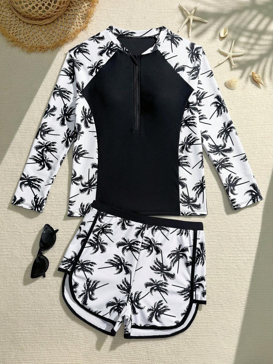 SHEIN 花卉拼接吊带泳衣套装，长袖泳装沙滩罩衫，夏季度假防晒服，适合圣诞节、新年、情人节等节日穿着，少女款长袖泳装
