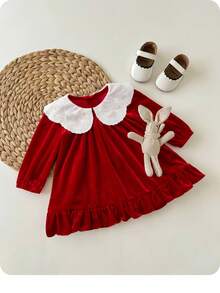 Newborn Baby Girl Cute & Elegant Red Peter Pan Collar Long Sleeve Dress Valentine's Day - Multicolor - View 4