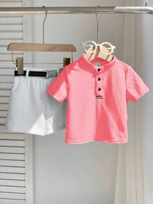 SHEIN 2pcs/Set Baby Boy Comfortable Casual Versatile Daily Fashion Minimalist Style Red Collar Short Sleeve T-Shirt POLO Knit Top And White Shorts Pants With Belt Multi-Piece Suit Uniform Formal Wear, Suitable For Indoor, Outdoor, Daily, Sports, Play, Party, Photo Shoot, Vacation, Holiday, Wedding, Baby Shower, Christening And 1st Birthday Celebration, Spring/Summer - Pink - View 5