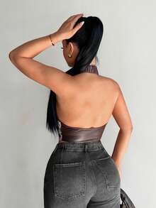 SHEIN SXY 皮革拼接动物纹性感上衣 - 咖啡棕 - 查看 2