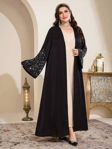 Al Najma Plus Size Women Elegant Rhinestone Embellished Flare Sleeve Abaya Abayas Dubai Luxury Black Abaya - Black - View 6