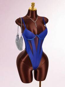 Amplova Bộ đồ liền thân gợi cảm thời trang cắt cao màu trơn dành cho nữ - Xanh đậm - Xem 6