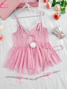 Váy xòe ren bóng gợi cảm cỡ lớn cho nữ kèm họa tiết lông thú và vòng chân, bộ 4 món - Hồng - Xem 2