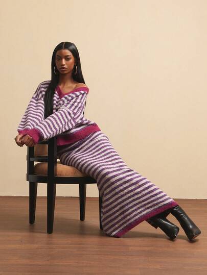 NYA SZN 配套套装（毛衣+半裙）毛衣上衣长袖宽松V领高腰修身条纹紫色及地长裙日常休闲针织衫罗纹针织女装