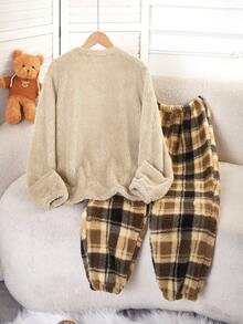 1 Bộ Áo len dài tay màu kem đính nơ cho bé gái tuổi teen + Quần ngủ bằng vải nhung đính nơ, vải dệt co giãn, có thể giặt bằng máy, vừa vặn thoải mái, trang phục gia đình đồng bộ (1 Bộ bán riêng) - Nhiều màu - Xem 2