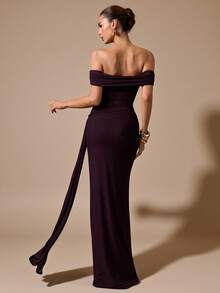 SHEIN BAE Burgundy Maroon Off-The-Shoulder Waist See-Through Sexy Bodycon Maxi Elegant Dress Suitable For Holidays, Weddings, Birthdays, Graduation Season - Burgundy - View 7