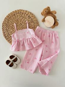 女宝宝可爱度假休闲条纹蝴蝶结装饰吊带背心和松紧腰裤套装 - 彩色 - 查看 3