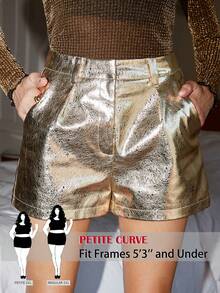 SHEIN PETITE CURVE Quần short nữ cỡ lớn, xếp ly, ống rộng, có túi và gấu quần, kiểu dáng thời trang. - Vàng - Xem 1