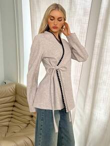 Siren Gaze Women's Autumn/Winter New Blended Contrast Binding Wrap Knot Woolen Coat Tie Front Cardigan Wrap Tops For Women Tie Up Shirt Women Blouses Elegant Tie Front Blouse - Apricot - View 3