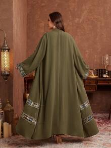 Al Najma 大码女式流苏设计长袖阿拉伯长袍和无袖连衣裙优雅套装 - 軍綠色 - 查看 2