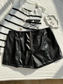 SHEIN EZwear Pantaloni scurți casual cu fermoar, culoare uni, mărime mare, pentru femei, super pantaloni scurți - Negru - Vizualizare 7