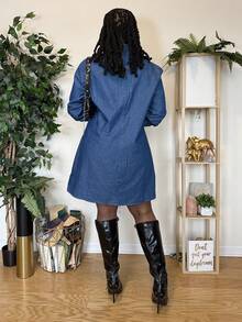 Truni 大码女式牛仔长袖衬衫裙，休闲蓝色 - 藍色 - 查看 2