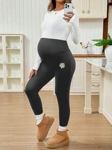 SHEIN Leggings de maternité d'hiver à taille ajustable, doublés de thermique, avec broderie de marguerite. Vêtements de maternité, leggings de maternité, leggings avec poches, leggings grande taille, pantalons de grossesse, leggings chauds - Gris foncé - Voir 5