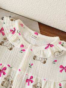 2pcs Baby Girls Long Sleeve Cardigan Top And Pants Homewear Set, Woven Fabric, Cute Rabbit & Bow Pattern - Multicolor - View 3