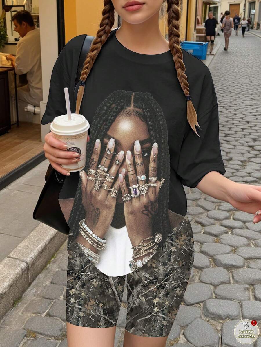 少女休闲简约个性化指纹纹身戒指，人像印花，朋克风格，短袖宽松T恤和打底裤两件套，适合夏季、户外活动和返校季 - 彩色 - 查看 1