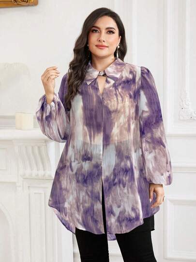 Modelyn 2026新款加大码女式扎染灯笼袖高低摆时尚上衣