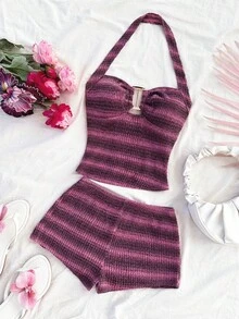 Soleia 女士条纹针织纹理面料金属装饰露背系带露脐上衣和超短裤两件套，适合派对、圣诞节、约会、夜店、海滩、邮轮、下午茶、波西米亚风、度假、秋季等场合。 - 彩色 - 查看 3