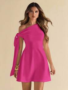 SHEIN BAE 女士不对称肩带系带修身优雅A字裙摆半身裙，黑色 - 玫紅色 - 查看 9