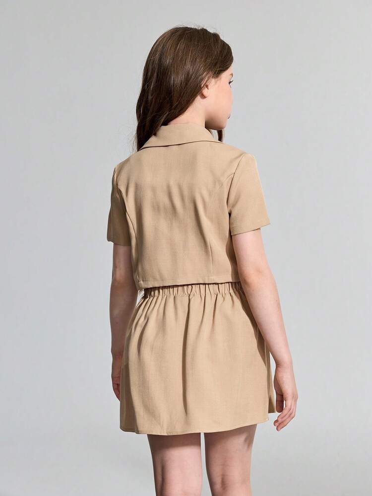 Tween Girl Woven Khaki Collared Sleeveless Shirt & Skirt Casual 2-Piece Set
