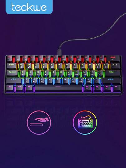 Teckwe Gaming Keyboard, USB Wired Keyboard, 61 Keys RGB Backlight Small Portable Office Computer Membrane Keyboard For Windows Tablet Laptop Gamer