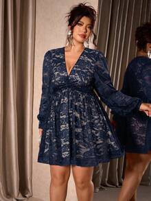 Cravure 大码女式扭结腰身A字蕾丝撞色衬里派对连衣裙，秋冬款 - 彩色 - 查看 4