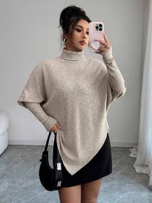 Elenzga Elegant Design Asymmetrical Hem Faux Knit Fuzzy Ribbed Turtleneck Versatile Women's T-Shirt - Khaki - View 5