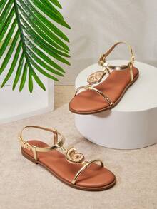 SHUZIA Damen Gold Nautilus Muschel Dekor T-Riemen Metallic PU Gold Flache Sandalen - Elegant, Minimalistisch und Urlaubsbereit. - Gold - Übersicht 4