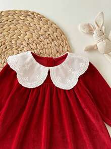 Newborn Baby Girl Cute & Elegant Red Peter Pan Collar Long Sleeve Dress Valentine's Day - Multicolor - View 9