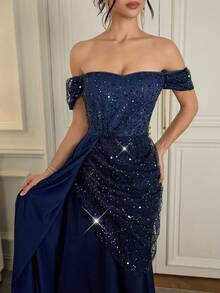 Poshira Luxury Sequin Formal Dress, High-End Elegant Party Gown Elegant Sequin Embellished Dress, High-End Formal Gown For Banquet Women's Formal Evening Dress Gown (Heavy Embroidery) Women Rhinestone Embellished Sheer Navy Blue Long Evening Gown, Wedding Guest Dress, Elegant Evening Dress, Prom Dress, For Wedding Dress Waist And Chest Slimming, Party Dress, Formal Dress Off Shoulder Formal Dress Navy Blue Formal Dress Elegant Formal Dress Evening Formal Dress Gala Dress Elegant Elegant Dresses Formal Party Evening Elegant Dresses  Graduation Ceremony, School Opening, Music Festival, Birthday Party, Wedding, Afternoon Tea Gathering, Ball - Royal Blue - View 7