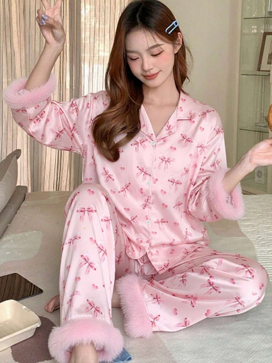 两件套少女可爱蝴蝶结花卉印花柔软法兰绒开衫长袖长裤睡衣套装 - 彩色 - 查看 1