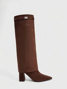 CUCCOO SZL Sepatu Bot Hak Tinggi Setinggi Lutut Ujung Lancip Serbaguna untuk Wanita, Cocok untuk Natal - Coffee Brown - View 3