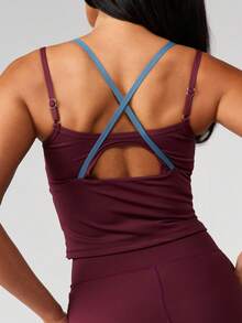 MISSGUIDED Burgundy Ruched Crop Tank Top And High Waisted Leggings Set With Blue Contrast Trim Athletic Co-Ord Outfit - Burgundy - View 5