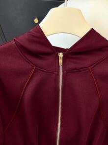 SHEIN Franclia Áo khoác nỉ nữ kiểu dáng thường ngày có khóa kéo và thắt eo, áo peplum mùa thu cho nữ, áo màu đỏ rượu vang cho nữ, áo kiểu thanh lịch cho nữ. - Đỏ - Xem 6